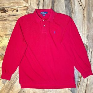 Polo Ralph Lauren Red Pique Long Sleeve Polo Shirt XL Vintage Y2K Single Stitch